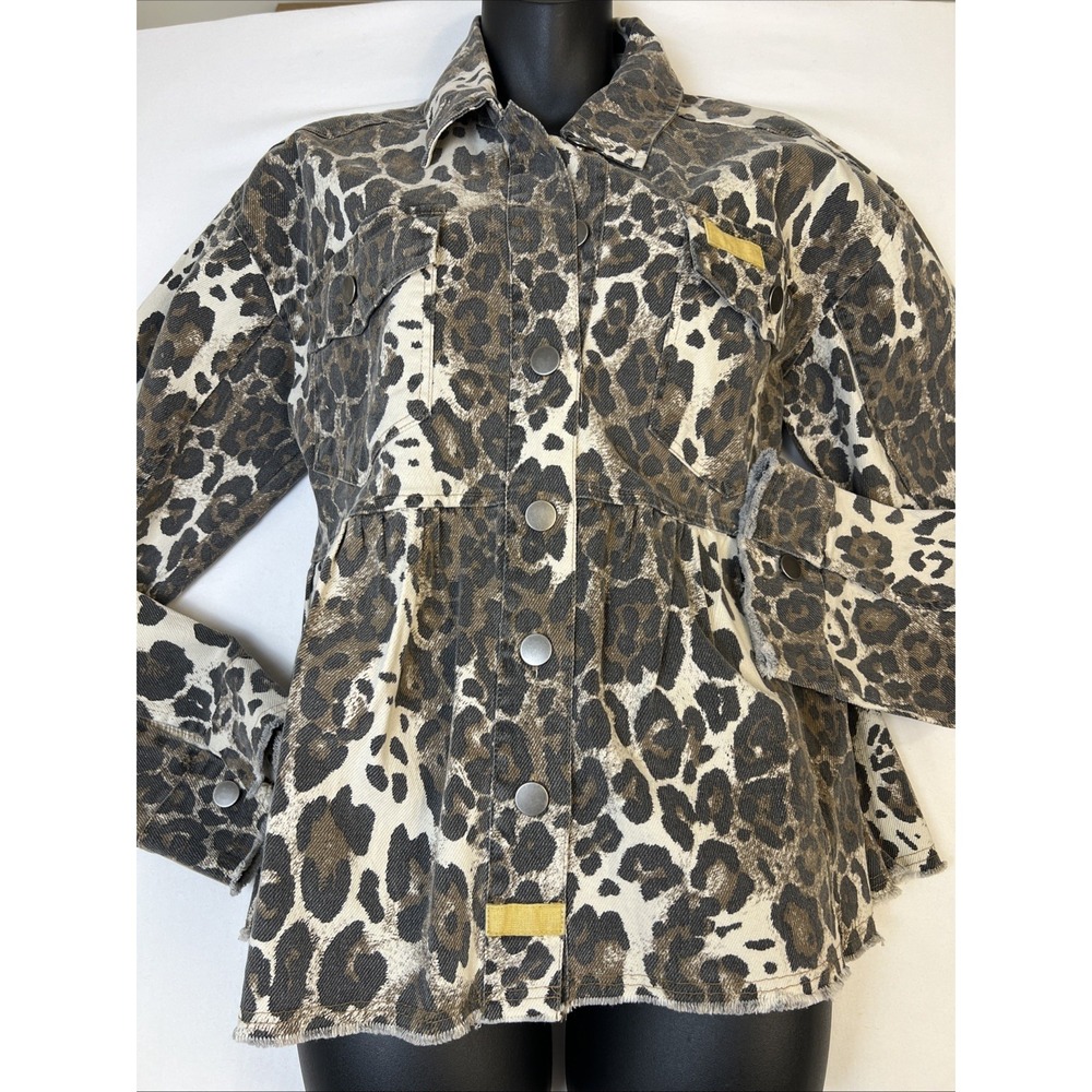 Mystree Leopard Print Peplum Denim Jacket Brown Tan Frayed Hem Style 19420 Large